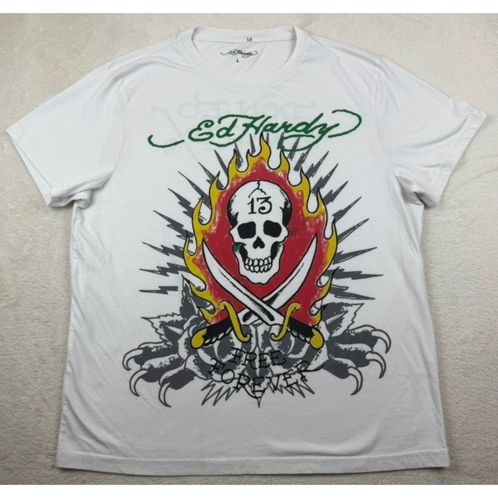 Ed Hardy Mens White Free Forever Skull Dagger Graphic T-Shirt Large Y2K Tattoo